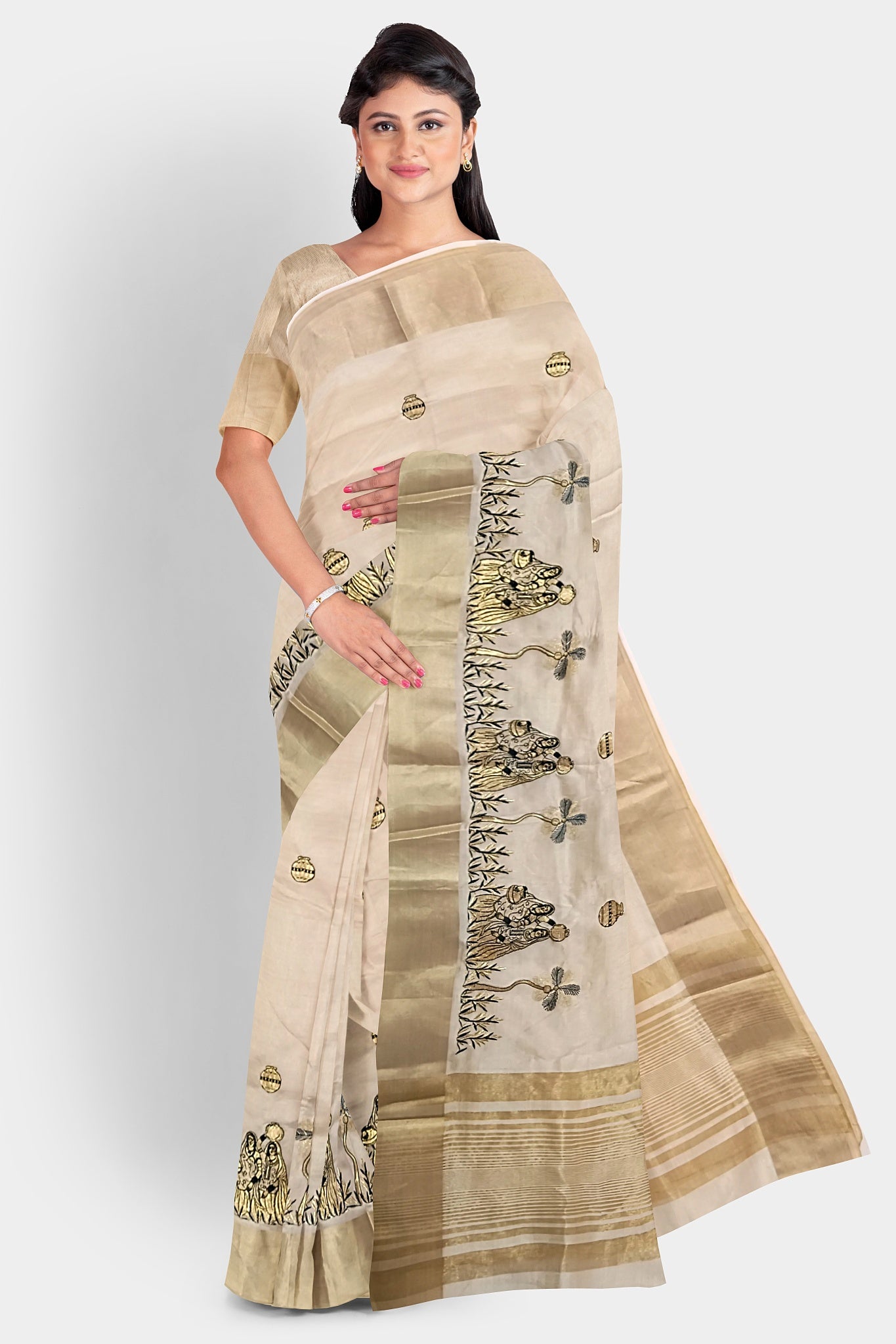 Muga silk sari with beautiful work and matka design golden border pakistani indian saree