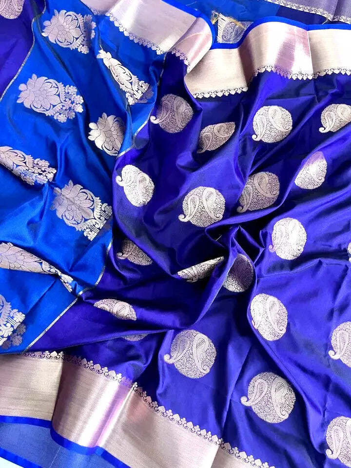 Saree soft silk blue and purple copper booti Weaved wedding partywear Sari