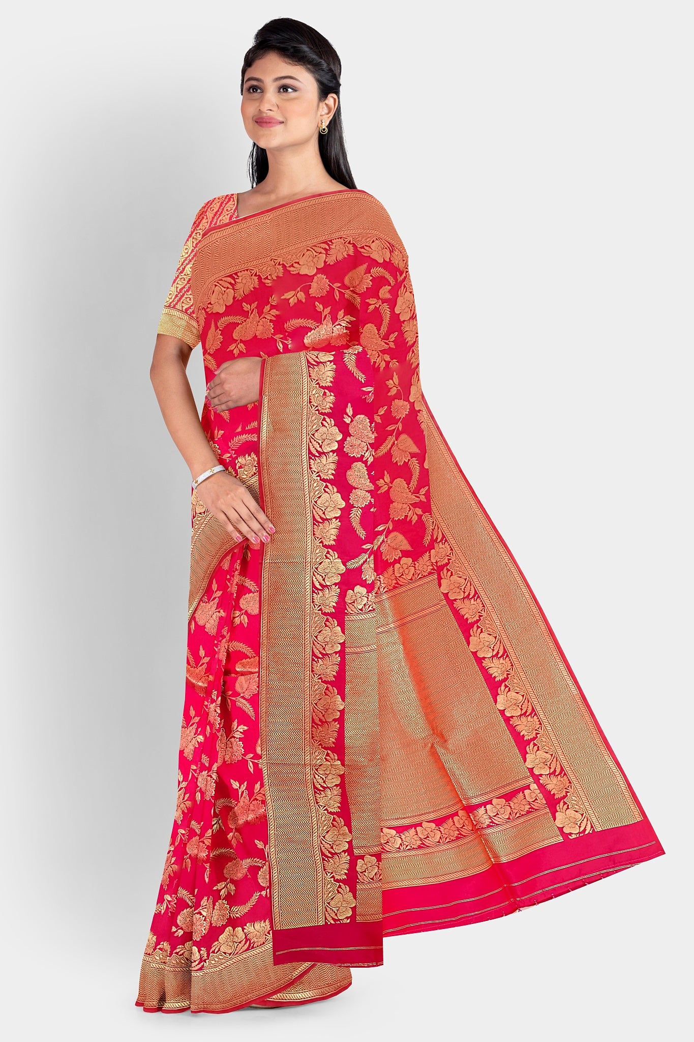 Pure silk Dark Pink Golden Resham Weave Design Sari