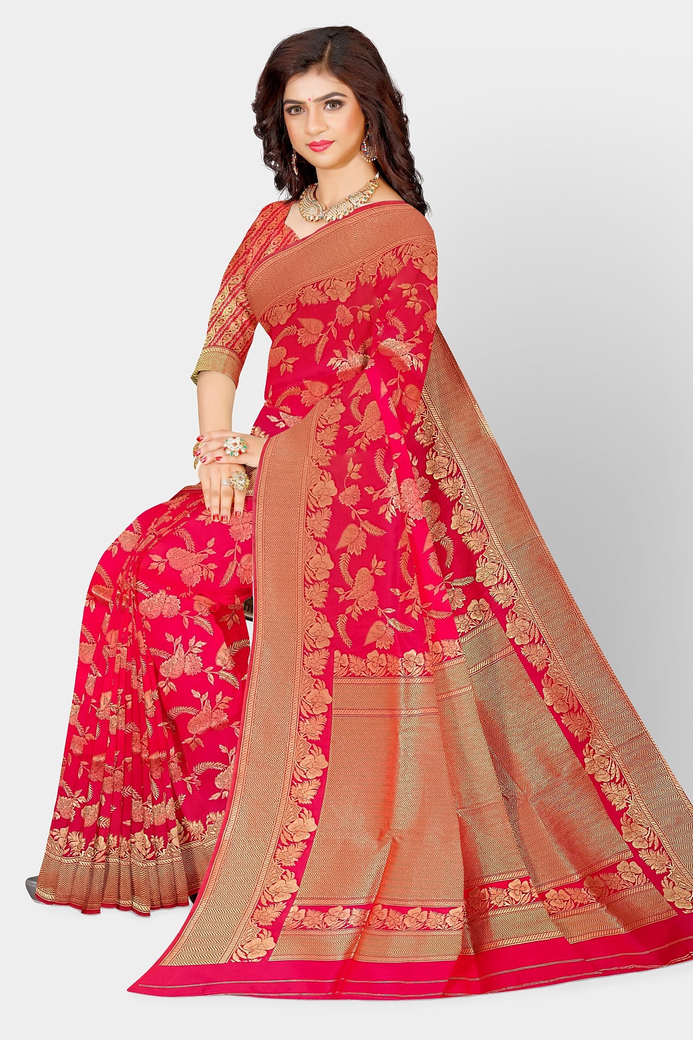 Pure silk Dark Pink Golden Resham Weave Design Sari