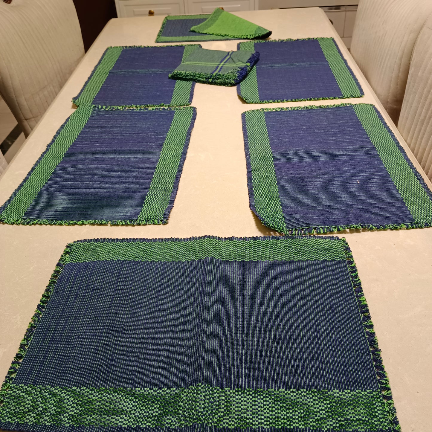 Pure Cotton Table Mats Green & Blue Table Napkin Placemats Reversible 12 Pc Set