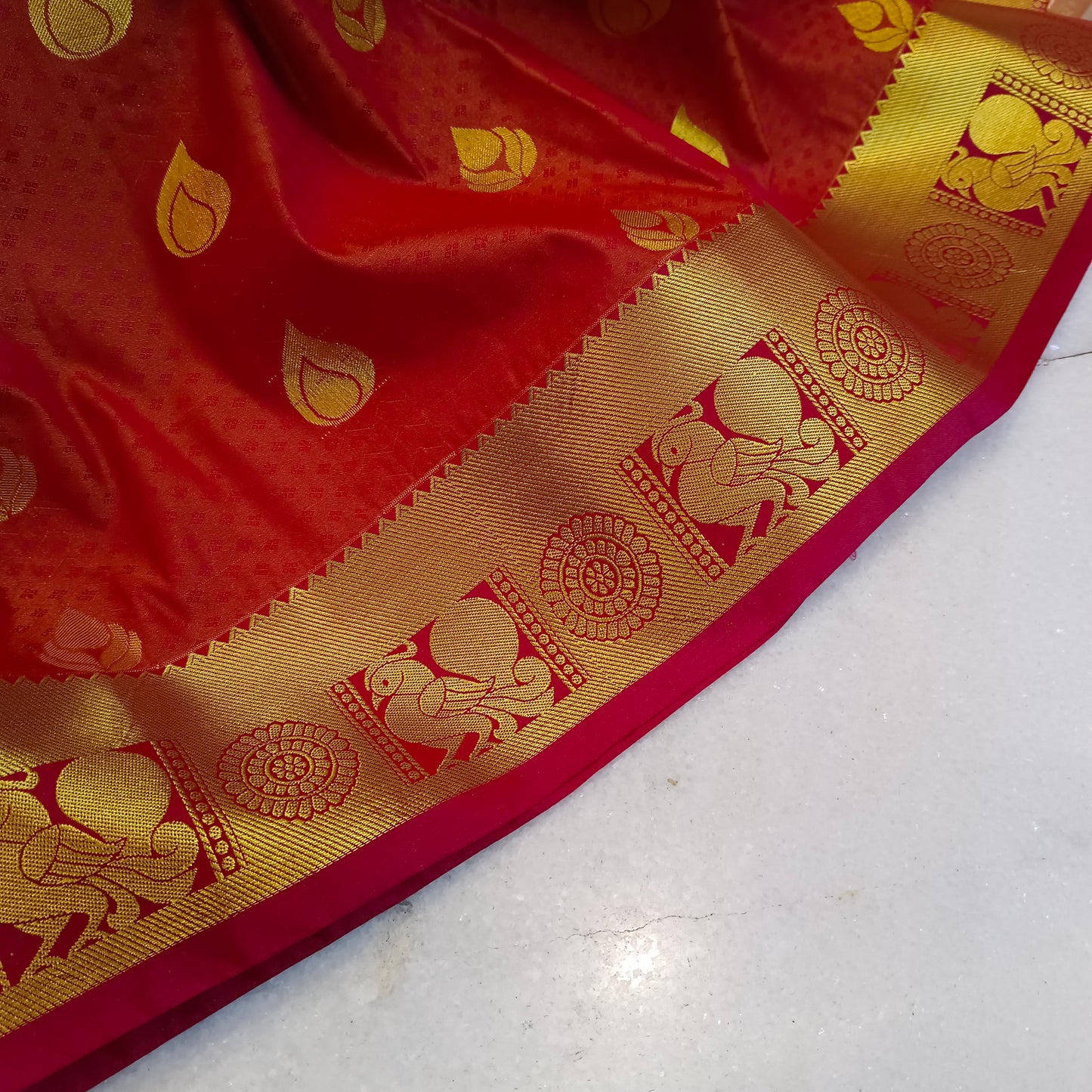 Red Kanjivaram soft silk sari Golden  border Indian saree