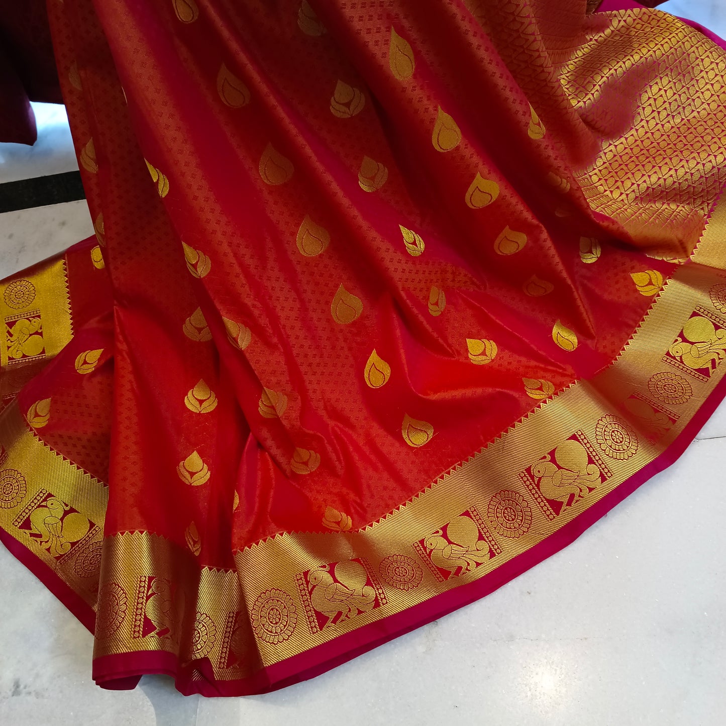 Red Kanjivaram soft silk sari Golden  border Indian saree