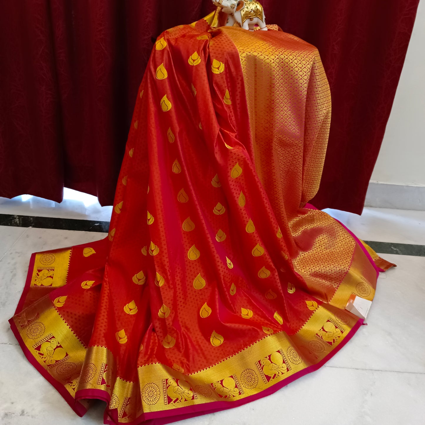 Red Kanjivaram soft silk sari Golden  border Indian saree