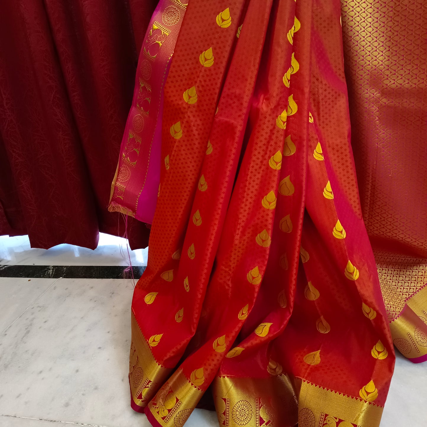 Red Kanjivaram soft silk sari Golden  border Indian saree