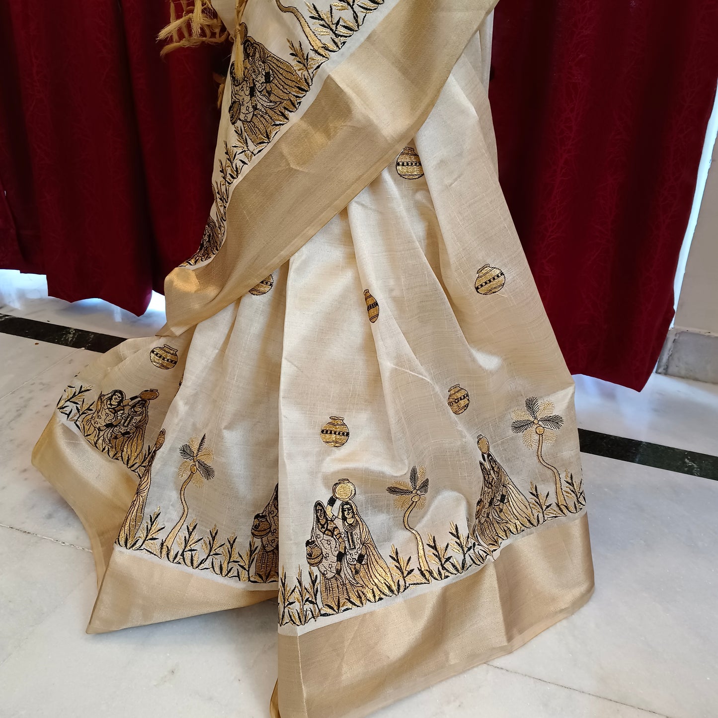 Muga silk sari with beautiful work and matka design golden border pakistani indian saree