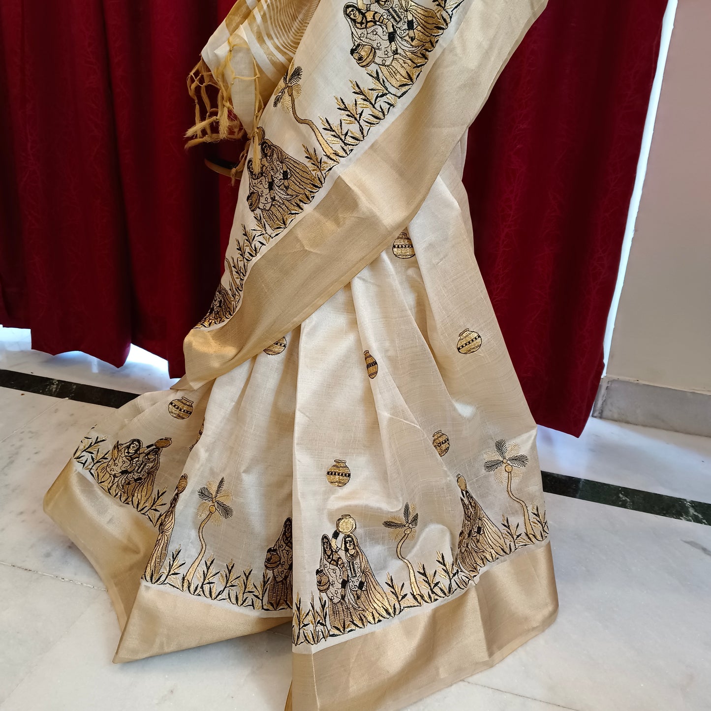 Muga silk sari with beautiful work and matka design golden border pakistani indian saree