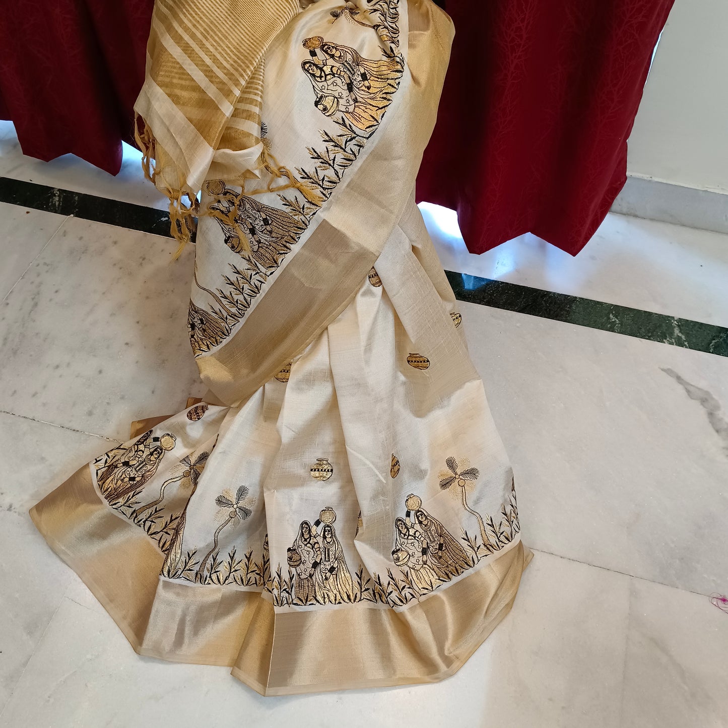 Muga silk sari with beautiful work and matka design golden border pakistani indian saree