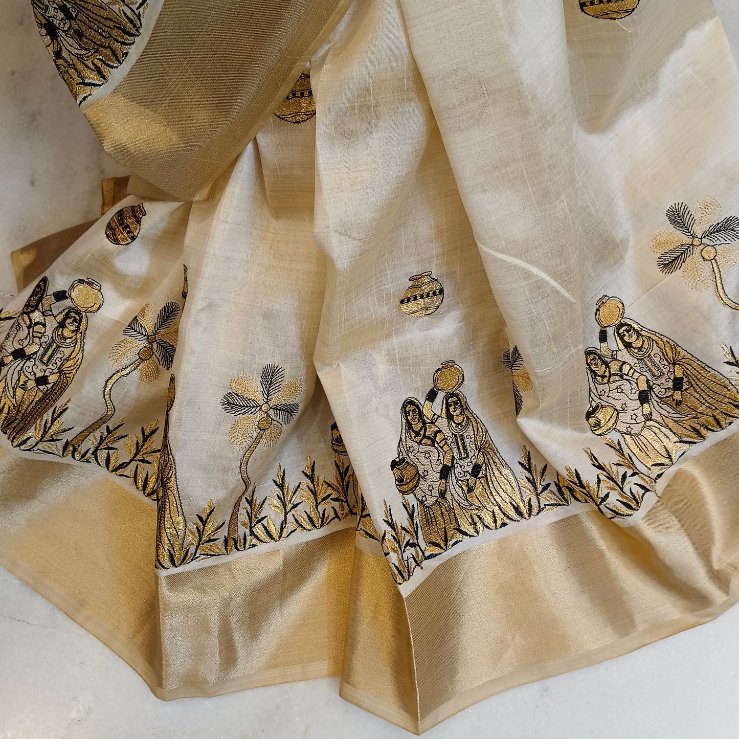 Muga silk sari with beautiful work and matka design golden border pakistani indian saree