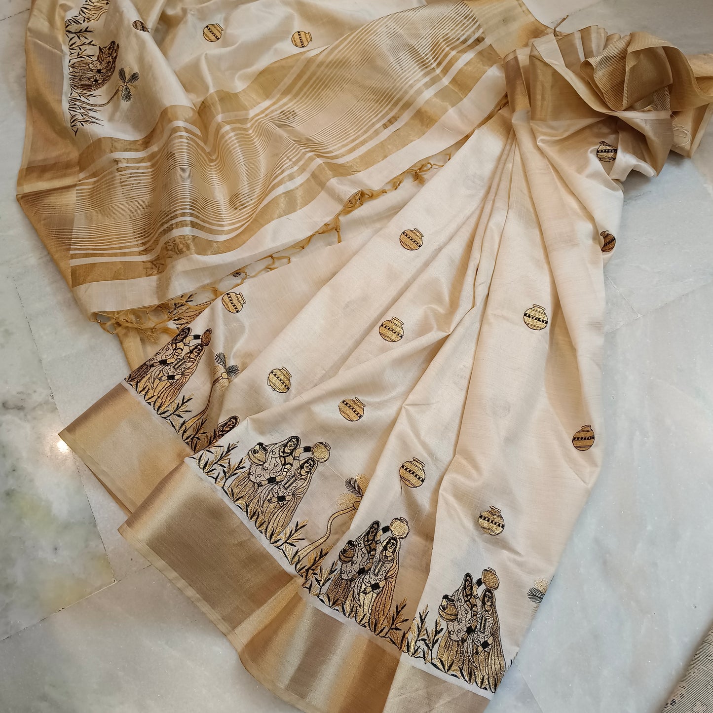 Muga silk sari with beautiful work and matka design golden border pakistani indian saree