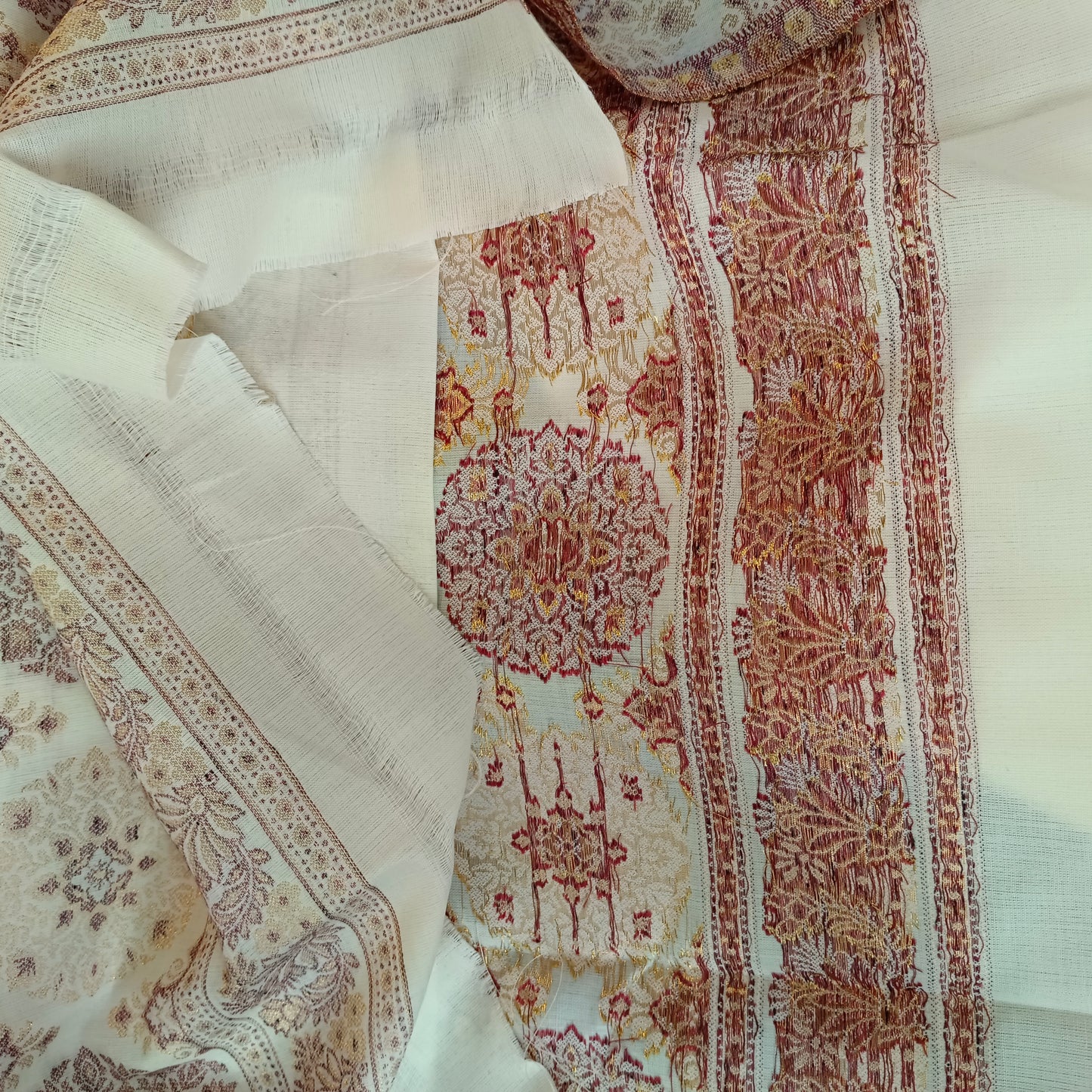 Traditional Unstitched Zari Suit For Women  - Ivory Indian Silk | Premium Silk