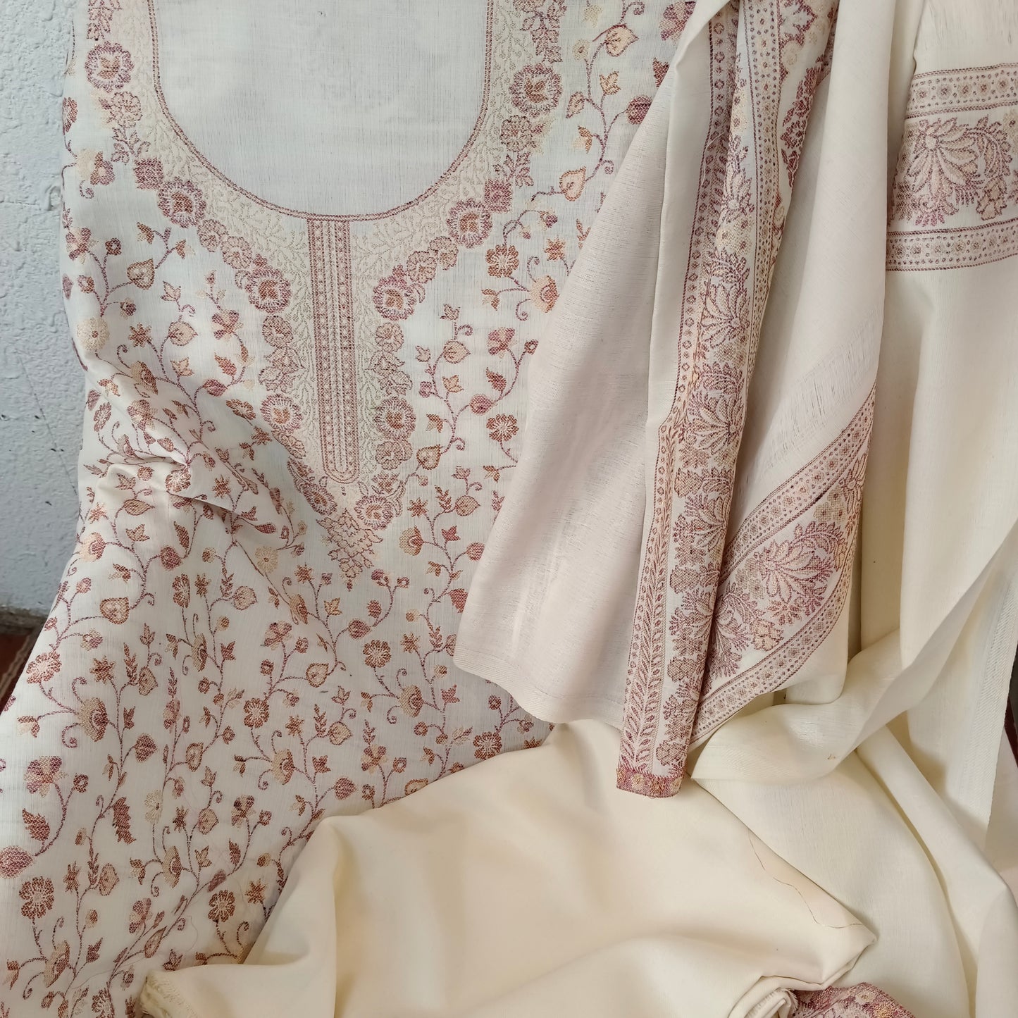 Traditional Unstitched Zari Suit For Women  - Ivory Indian Silk | Premium Silk