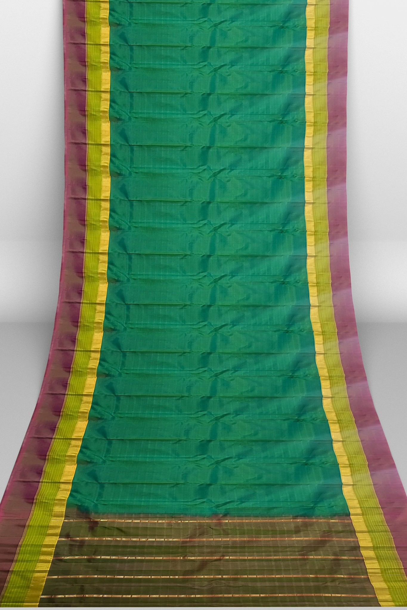 Women's Soft Silk Yellow/Pink Border Green Saree Kanjivaram Style Sari