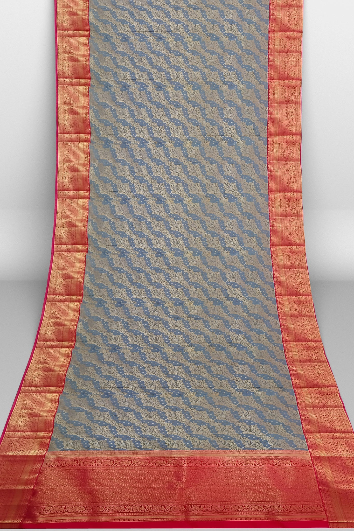 Kanjivaram Silk Red &amp; Grey Weaved Golden Saree Wedding Partywear&nbsp;