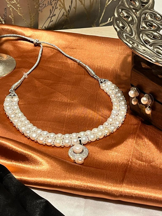 Pearl multi lace necklace Hyderabadi fresh water pearl necklace Pendent set with Earrings