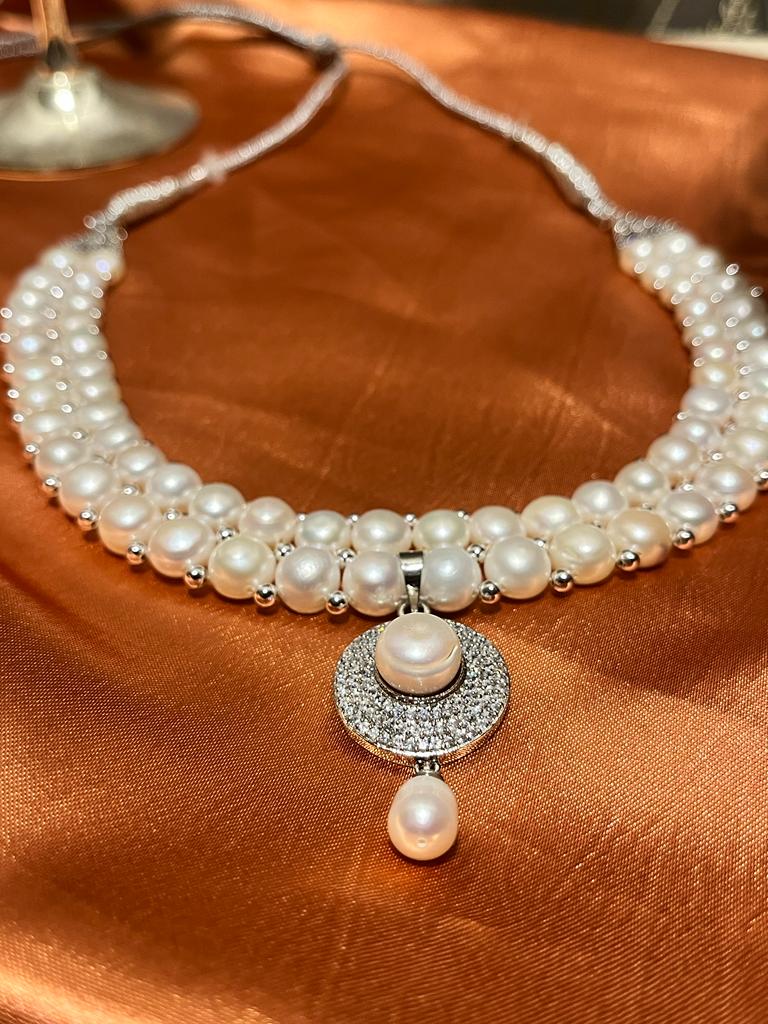 Pearl multi lace necklace Hyderabadi fresh water pearl necklace Pendent set with Earrings