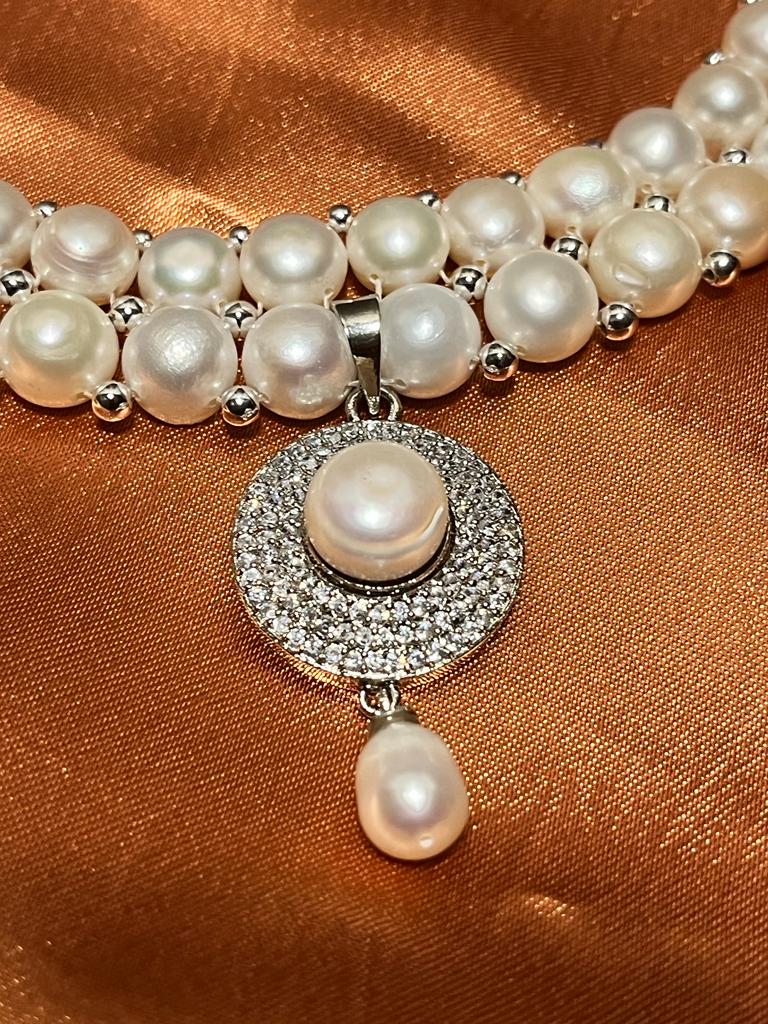 Pearl multi lace necklace Hyderabadi fresh water pearl necklace Pendent set with Earrings