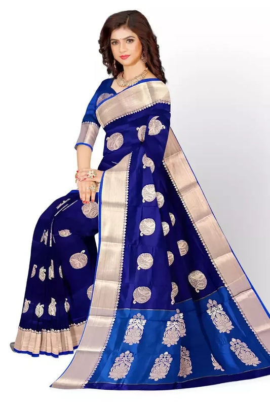 Saree soft silk blue and purple copper booti Weaved wedding partywear Sari