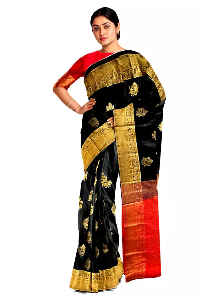 Saree Kanjivaram Pure silk black Gold Woven booti Sari wedding partywear