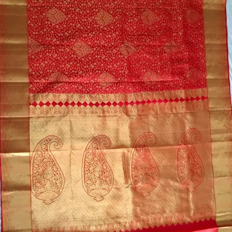 Saree Kanjivaram Pure silk Red Golden fully Woven Sari wedding partywear