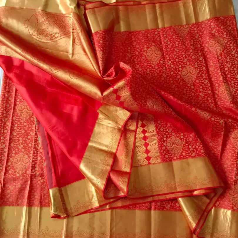 Saree Kanjivaram Pure silk Red Golden fully Woven Sari wedding partywear