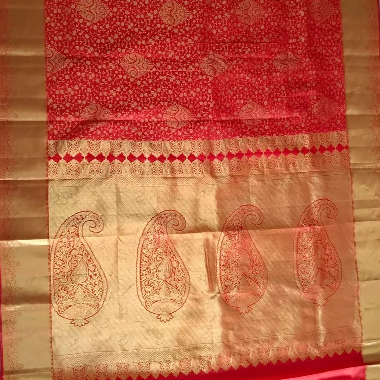 Saree Kanjivaram Pure silk Red Golden fully Woven Sari wedding partywear