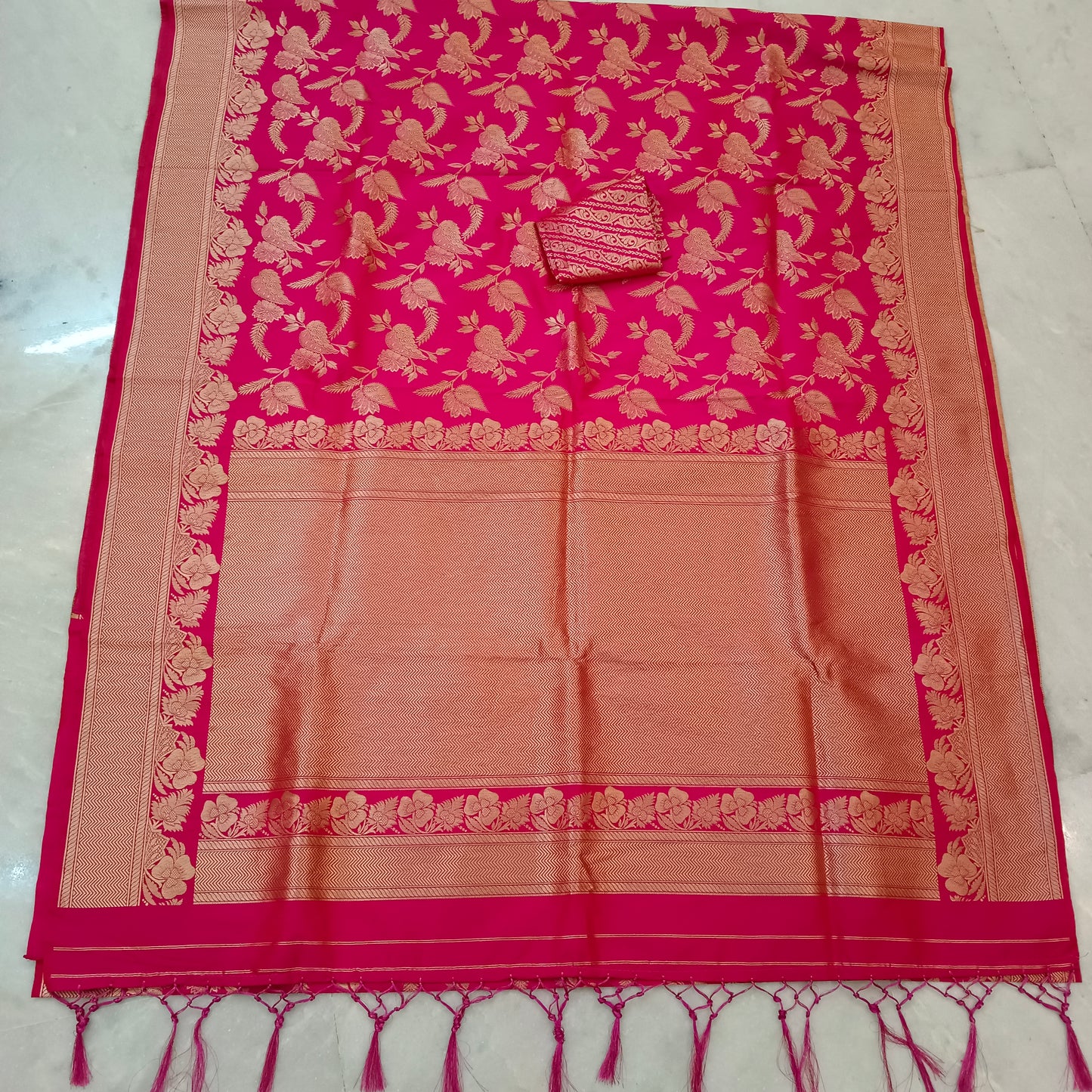 Pure silk Dark Pink Golden Resham Weave Design Sari