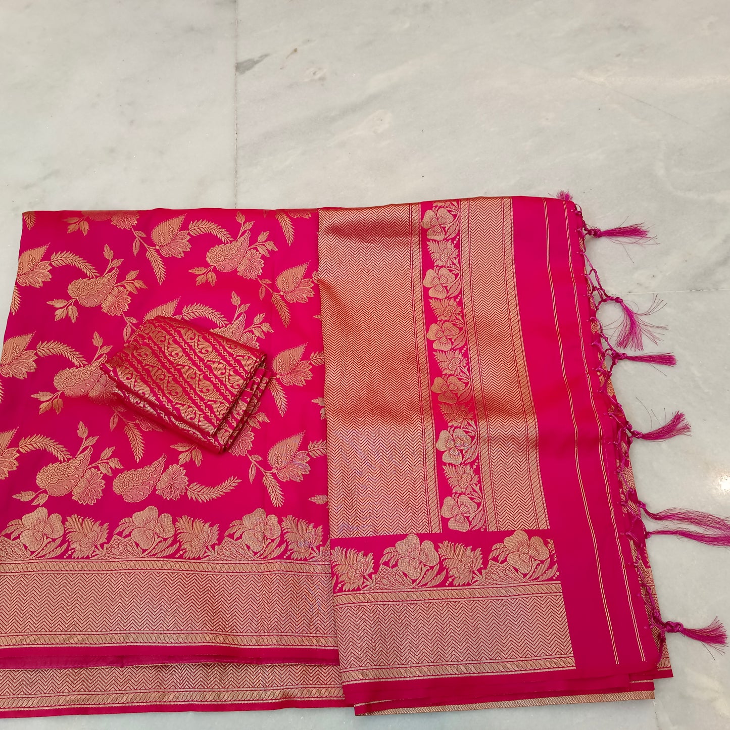 Pure silk Dark Pink Golden Resham Weave Design Sari