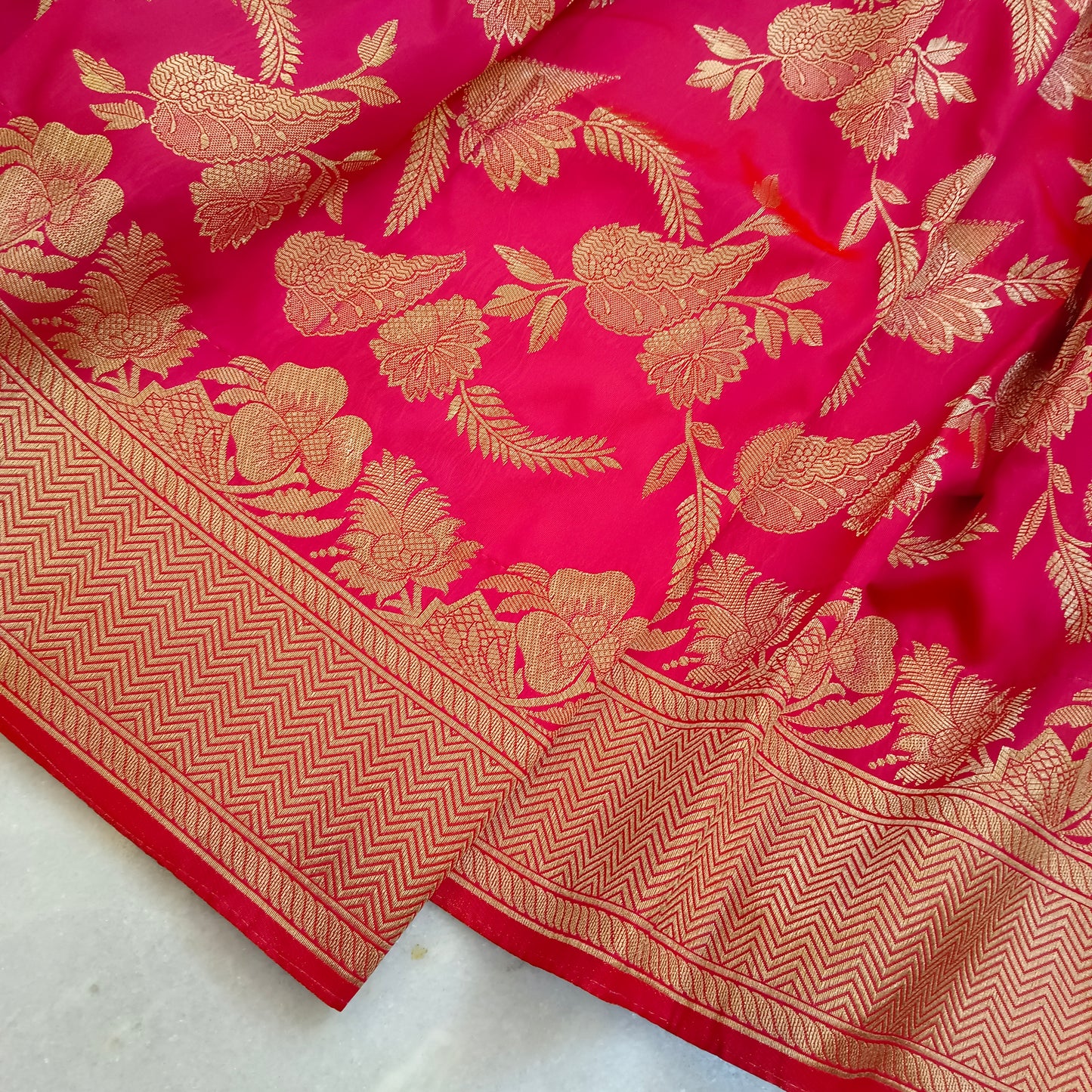 Pure silk Dark Pink Golden Resham Weave Design Sari