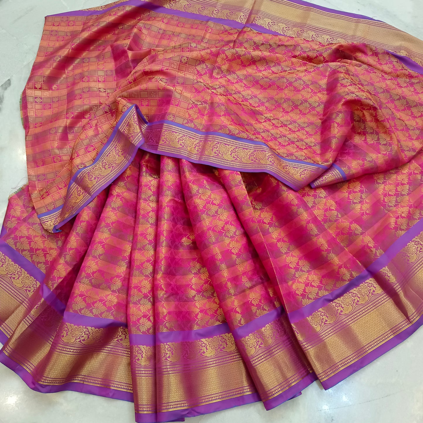 Pattu Mix Silk Saree Wedding party Indian Sari Carrot Pink Golden