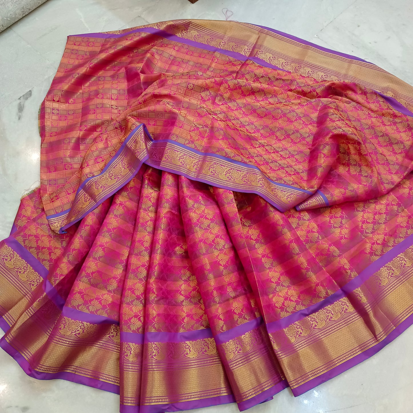 Pattu Mix Silk Saree Wedding party Indian Sari Carrot Pink Golden