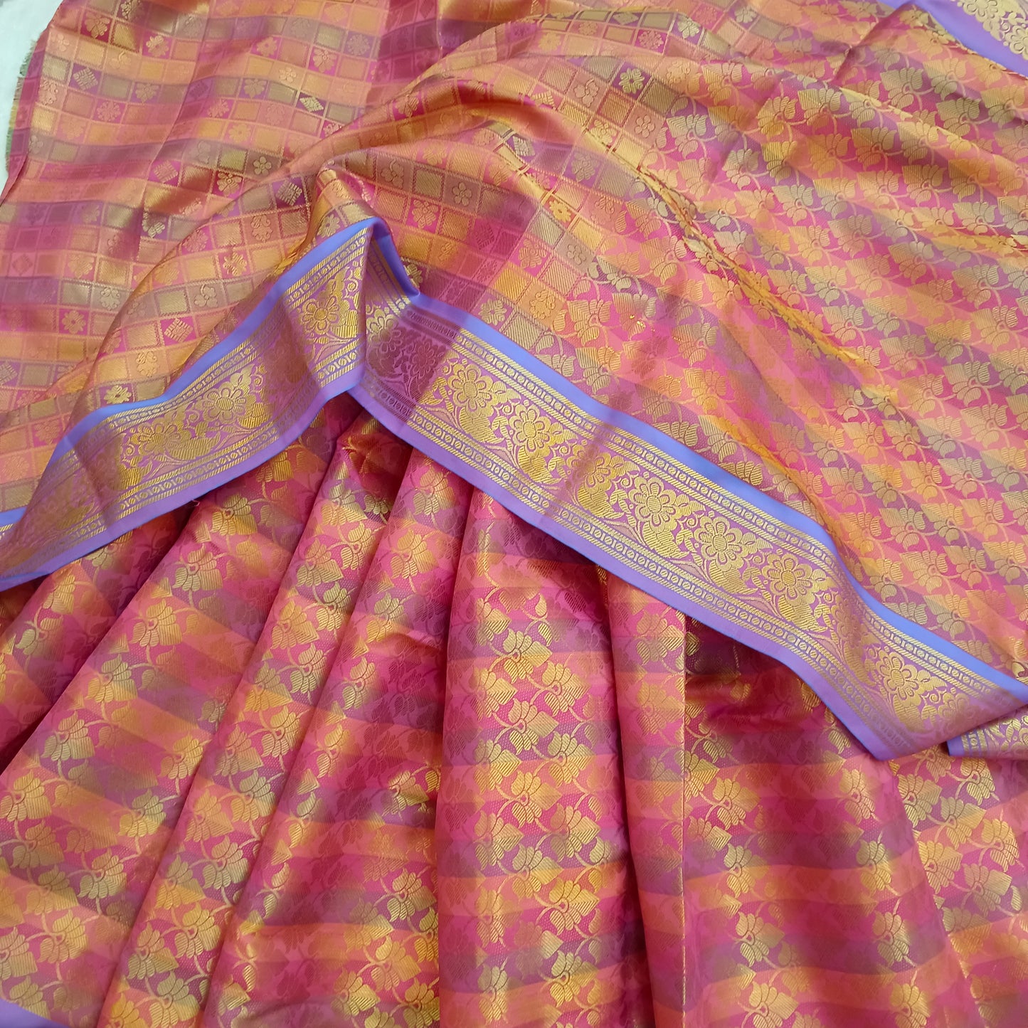 Pattu Mix Silk Saree Wedding party Indian Sari Carrot Pink Golden