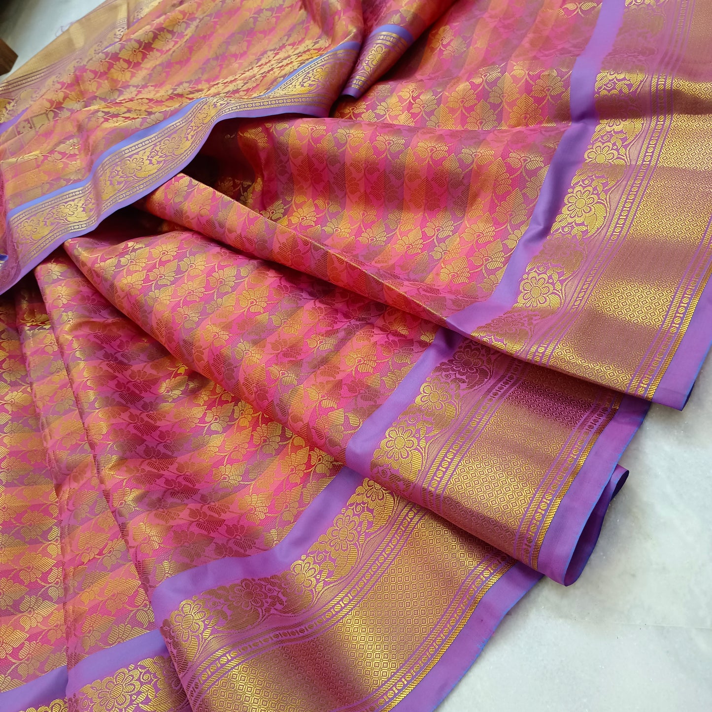 Pattu Mix Silk Saree Wedding party Indian Sari Carrot Pink Golden